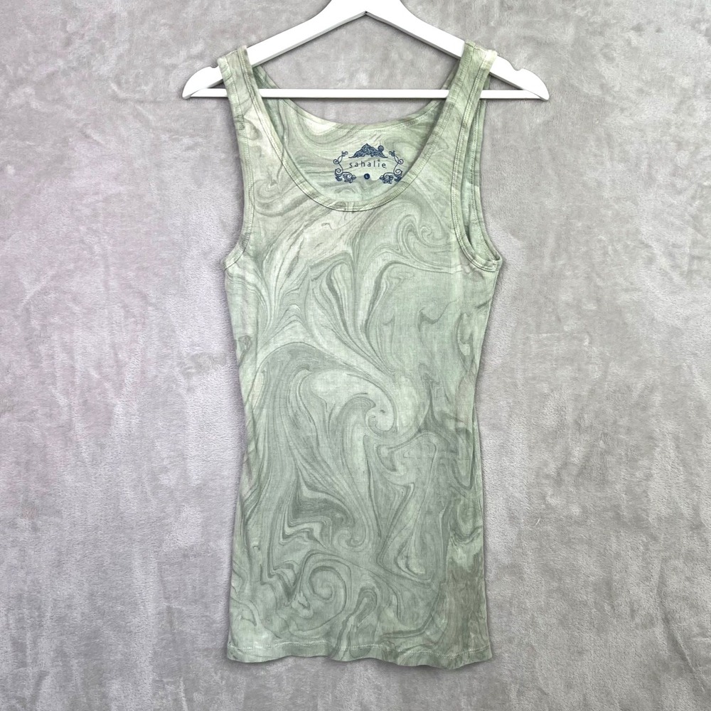 Sahalie Tank Top L Sage Green Marble Ribbed Cotton Y2K Boho Cottagecore USA‎